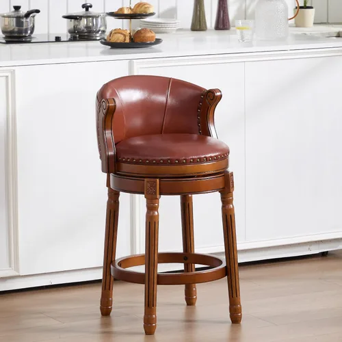 Vista 8 de RAINMOOD Taburete de bar, taburetes de bar giratorios de estilo moderno de mediados de siglo con asiento de cuero y patas de madera, silla