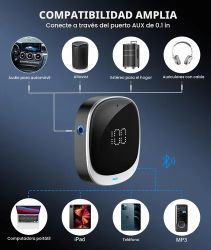 Vista 2 de COMSOON Adaptador Bluetooth AUX para Coche, [Pantalla LED] Receptor Bluetooth 5.3 para Altavoz/Estéreo Doméstico/Auriculares con Cable, Receptor