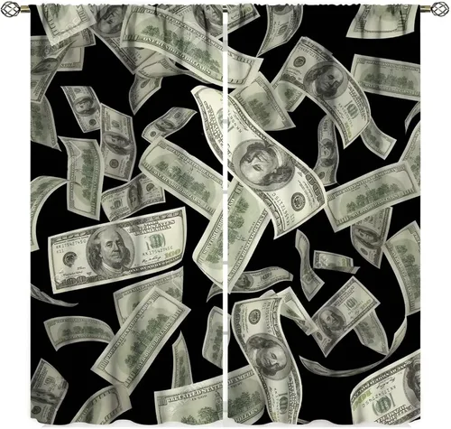 Vista 7 de Cortinas de dinero, divertidas decoraciones temáticas de billetes de 100 dólares, decoración temática de billetes de dólar, sala de estar, Dólar-1