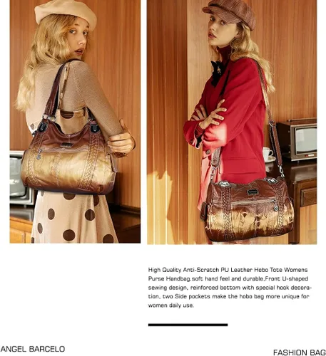 Vista 280 de Angel Barcelo - Bolsa de hombro amplia para mujer, diseño Hobo, cuero lavado