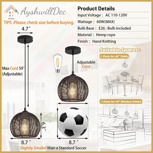 Vista 4 de Ayshwill Dec Lámpara de araña negra tejida estilo boho de ratán y mimbre con cúpula, lámpara colgante para comedor, dormitorio, isla de cocina