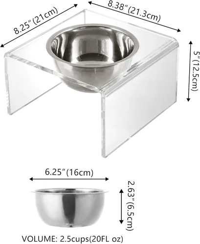 Vista 5 de DBL2002A Keaton 5" Pequeño/Mediano Comedero Elevado Moderno de Acrílico Rectangular para Mascotas con Tazón de Acero Inoxidable de 20oz