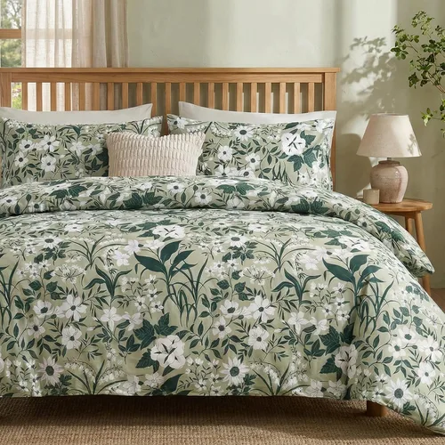Vista 18 de Juego de edredón floral azul tamaño Queen, juego de ropa de cama botánica azul 100% algodón, edredón suave transpirable de 3 piezas y 2 fundas