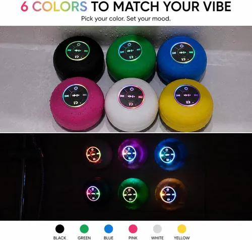 Vista 9 de Altavoz de ducha Bluetooth con LED – Altavoz mini inalámbrico portátil con micrófono y ventosa, resistente al agua IPX4 para ducha, viaje, piscina