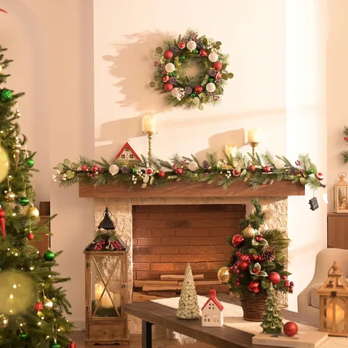 Vista 2 de Valery Madelyn - Guirnalda de Navidad de 1.8 m preiluminada con luces para manto, guirnalda navideña iluminada para exteriores con bolas rojas