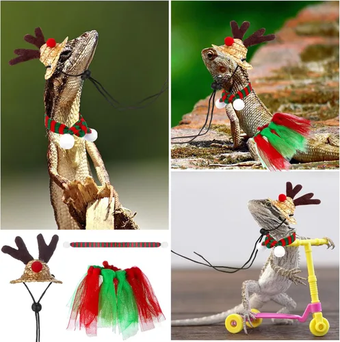 Vista 6 de 3 piezas de sombrero de Papá Noel de dragón barbudo de Navidad con bufanda, sombrero de Navidad ajustable colorido ropa de Navidad, accesorio