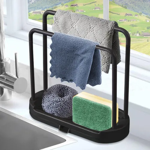 Vista 2 de Bandeja Organizadora de Fregadero de Cocina, Soporte Organizador para Esponja, Paño de Platos, Trapo, Cepillo, Almacenamiento y Organización de Negro