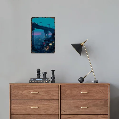 Vista 5 de Cartel de metal vintage Cyberpunk Cityscape divertido Vaporwave Night Street Poster Retro Pixel Aluminio 8x12 pulgadas para baño, sala de estar