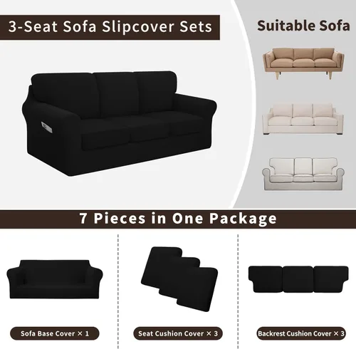Vista 3 de Easy-Going - Funda elástica para sofá (7 piezas), tamaño XL, color negro Juego de funda de sofá lavable para 3 cojines de respaldo y asiento