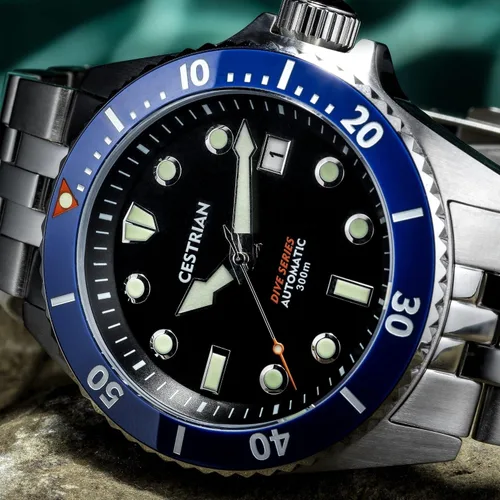 Vista 5 de Cestrian Dive Series Negro Dial Azul Cerámica Bisel Acero Pulsera Automático 300M Reloj para hombre, Negro -, Classic