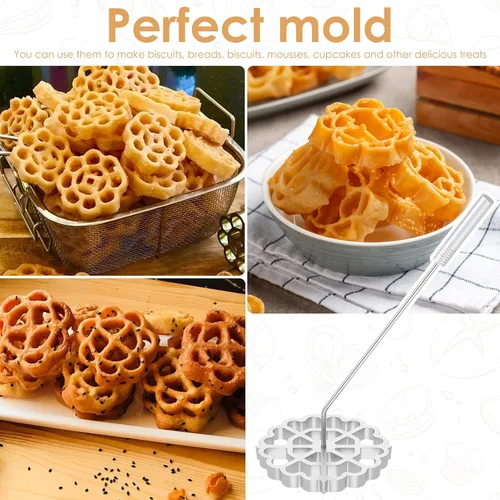 Vista 6 de Moldes para bunuelos con mango, rosetón de hierro, herramienta para galletas de 4.7 in, molde desmontable para hacer galletas, molde reutilizable