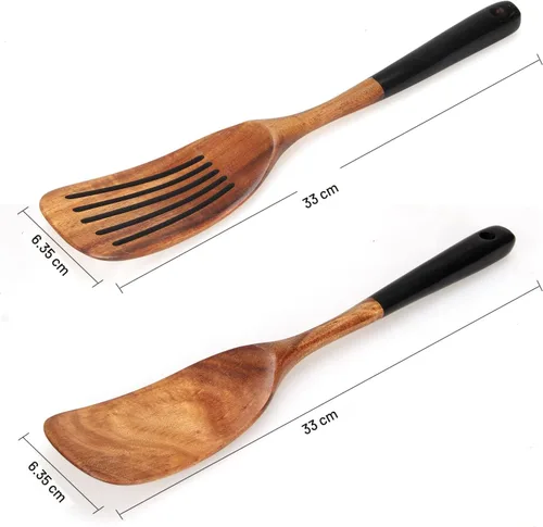 Vista 6 de 2 piezas de juego de espátulas de madera para cocinar Utensilios de cocina de teca no tóxicos sin BPA, espátula ranurada para panqueques, espátula 2