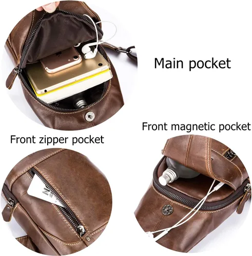 Vista 6 de BULLCAPTAIN Bolso bandolera de cuero genuino para hombre, bandolera para el pecho, mochila de viaje, Negro -, Mochilas Sling