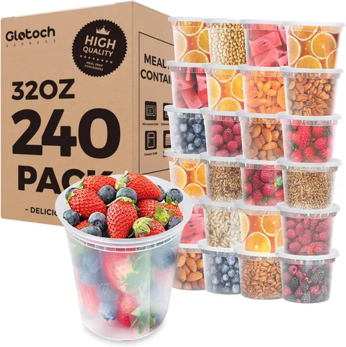 Vista 12 de Glotoch - Juego de 48 recipientes de plástico para almacenamiento de alimentos y bebidas de 8 onzas, 16 onzas y 32 onzas con tapas, aptos