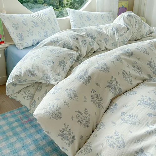 Vista 45 de HighBuy Juego de funda de edredón vintage con volantes y estampado de rayas francesas, 100% algodón con cierre de cremallera, juego de ropa de cama