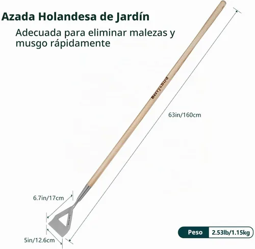 Vista 3 de Berry&Bird Azada holandesa para deshierbe, azada de acero inoxidable de 63 pulgadas con mango largo de madera, herramienta manual de desmalezadora