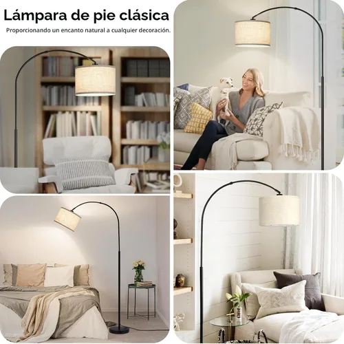 Vista 8 de Lámpara de pie regulable, lámpara de pie de arco con atenuador, lámpara de pie negra con pantalla colgante ajustable, luz de lectura alta sobre