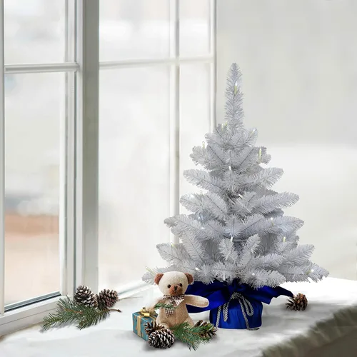 Vista 3 de Puleo International Árbol de Navidad artificial preiluminado de 2 pies con 35 luces en saco azul, blanco