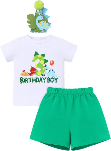 Vista 12 de ODASDO Conjunto de camiseta de manga corta para bebé, diseño de dinosaurio, 1º, 2º y 3º cumpleaños