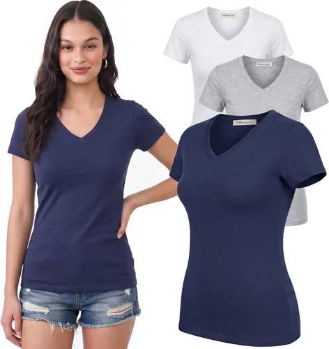 Vista 120 de Emmalise Camiseta de manga corta para mujer, cuello en V, tallas junior y plus