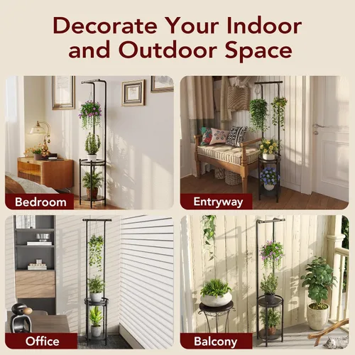 Vista 8 de Homsorout Soporte para plantas para interiores y exteriores, soporte de metal resistente de 2 niveles para plantas colgantes de hierro que ahorra