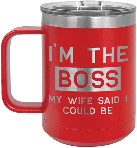 Vista 5 de I'M THE BOSS MY WIFE SAID I COULD BE Black Taza de café de 15 oz con tapa deslizante Taza de café de viaje aislada Ideas de regalos