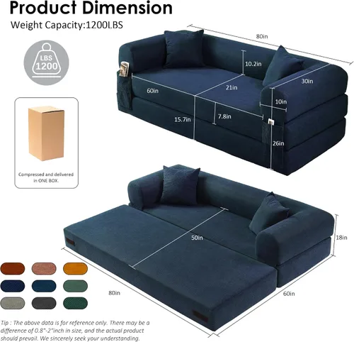 Vista 2 de Sofá cama convertible de 80", sofá plegable extraíble de pana 3 en 1 con almohadas, sofá moderno sin ensamblaje sin estructura con compresión