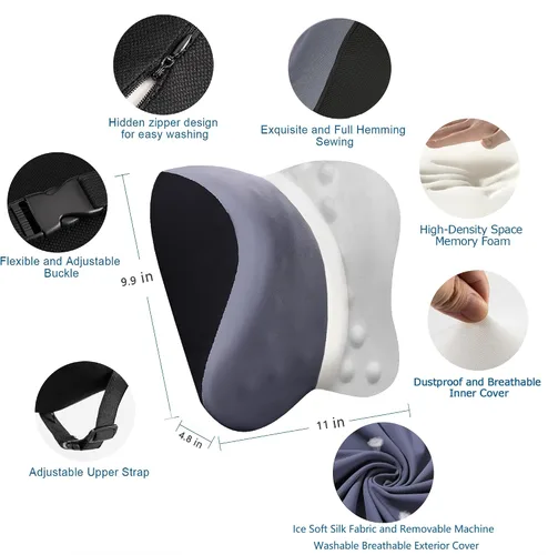 Vista 5 de Almohada cervical para aliviar el dolor de cuello y soporte cervical, almohada de espuma viscoelástica para asiento de automóvil con correa