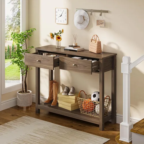 Vista 8 de Gizoon - Mesa de consola con 2 cajones, mesa de entrada de 2 niveles de madera con estantes de almacenamiento, mesa de sofá de 39" de ancho