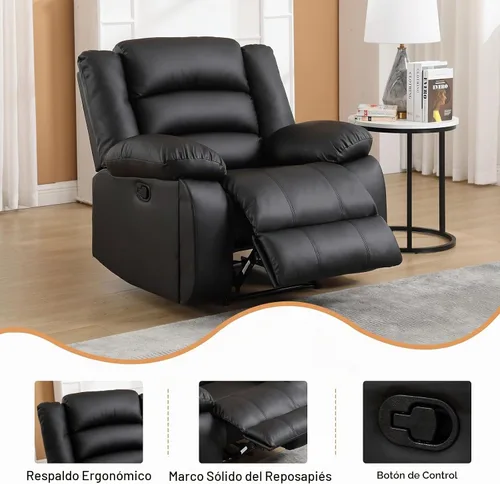 Vista 3 de EBELLO Silla reclinable manual de piel sintética, sofá reclinable individual con 2 portavasos ocultos, apoyabrazos y respaldo acolchado para sala