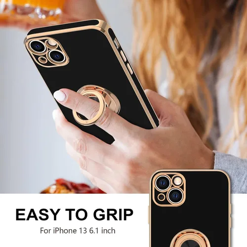 Vista 2 de Hython Funda para iPhone 13 con Soporte de Anillo [Soporte de Anillo Giratorio de 360° Base Magnética] [Borde Chapado en Oro Rosa] Cubierta Delgada