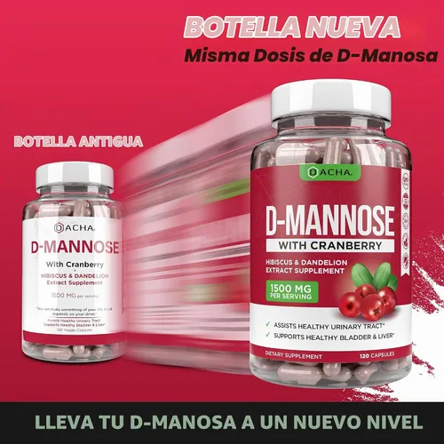 Vista 2 de Cápsulas naturales de D-manosa fórmula 4 en 1 - 120 CAPS, 1500 mg de arándano, diente de león, extracto de flor de hibisco, píldoras para apoyar