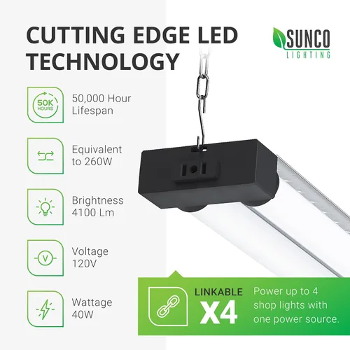 Vista 2 de Sunco Lighting - Lámparas industriales de luz LED de 40W en paquetes de 4, 12 y 16 piezas 6000K Daylight DLX, 4100LM, Frosted Lens, Pull Chain