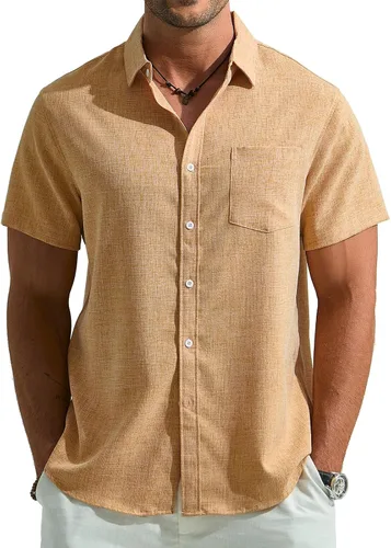 Vista 7 de Camisa de manga corta con botones para hombre, casual, transpirable, para verano, playa, con bolsillo