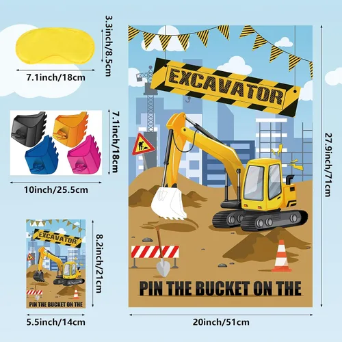 Vista 2 de Hxezoc Pin The Bucket on The Excavator Game con 32 cubos grandes de construcción para juegos de fiesta para niños, fiesta de cumpleaños, suministros