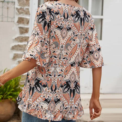 Vista 5 de Blusas de verano para mujer, con estampado de moda, cuello en V, cómodas, holgadas, de manga corta, blusas casuales