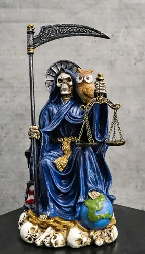 Vista 3 de Ebros Gift Santa Muerte Sosteniendo Guadaña Reloj de arena y escalas de justicia con búho sabio sentado en el trono Estatuilla Hueso de la Muerte