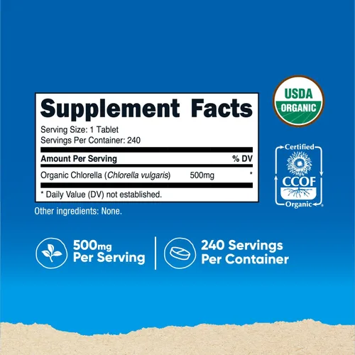 Vista 2 de Nutricost Clorella orgánica 500 mg, 240 tabletas - Sin gluten, sin OMG