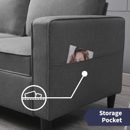 Vista 4 de Sillón moderno, sofá individual, tapizado, cómodo sillón de lino con 4 bolsillos de almacenamiento, silla de sala de estar, dormitorio, silla