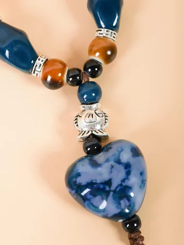 Vista 4 de MINACHI Boho Hippie Colorful Ceramic Heart Bead Strand Necklace, Bohemian Summer Statement Jewelry Gift for Women