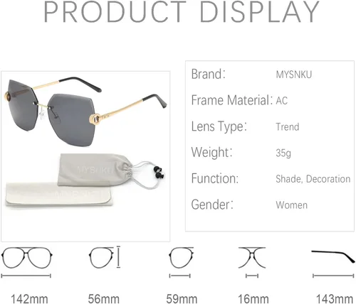 Vista 4 de MYSNKU Gafas de sol grandes sin marco para mujer, populares protección UV, gafas cuadradas para mujer