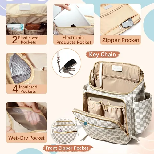 Vista 4 de Omanmoli Bolsa de pañales a cuadros, mochila grande de cuero para pañales con 17 bolsas organizadoras, cambiador, correas para cochecito, 4 Beige
