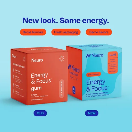 Vista 2 de Neuro Energy & Focus Gum - Goma de mascar de cafeína natural de 40 mg y suplemento energético nootrópico con L-teanina y vitaminas B, sin azúcar
