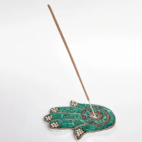 Vista 2 de Verde - Soporte para incienso de mano Hamsa - Mosaico Piedras