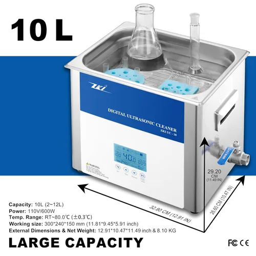 Vista 5 de ZKI Máquina de limpieza ultrasónica digital de 10 litros, calentador ajustable, intensidad y temporizador, limpiador ultrasónico, modo Degas, bajo
