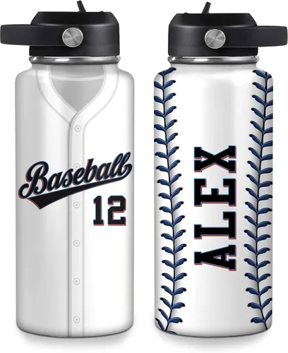 Vista 20 de Hyturtle Botella de agua de béisbol personalizada, botella de acero inoxidable aislada de viaje con tapa a prueba de fugas, 18 onzas, 32 onzas