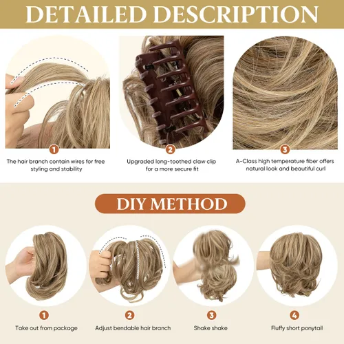 Vista 5 de Pinza de pelo con clip de garra, moño corto, pieza de cabello de moño desordenado, extensiones de cabello flexibles, ramificación de cabello
