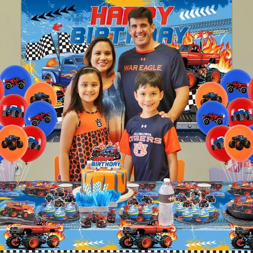 Vista 6 de KEFAN Suministros para fiesta de cumpleaños de Monster Truck, juego de decoraciones de fiesta de camión monstruo que incluye telón de fondo, platos