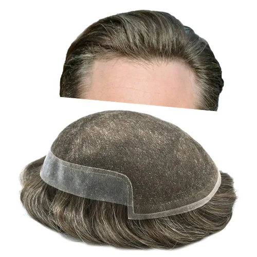 Vista 26 de Tupé de encaje suizo para hombres, piezas de cabello humano real, encaje frontal, sistema de reemplazo de cabello tipo tupé, nudo blanqueado, línea
