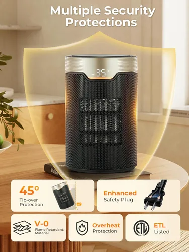Vista 3 de FOHERE Calentador de espacio, con certificación ETL de 1500 W PTC, calentadores eléctricos portátiles con termostato, temporizador de 24 horas